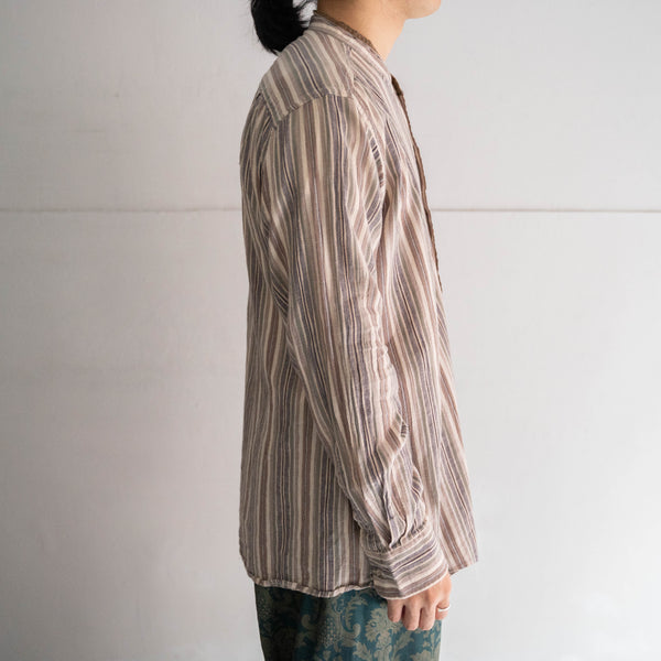 1990-00s beige color multi stripe stand collar shirt