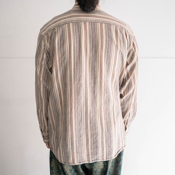 1990-00s beige color multi stripe stand collar shirt