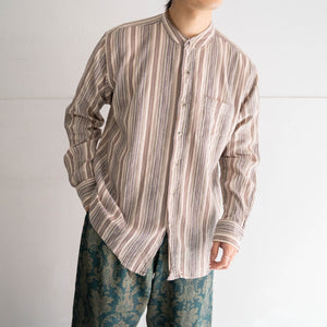 1990-00s beige color multi stripe stand collar shirt