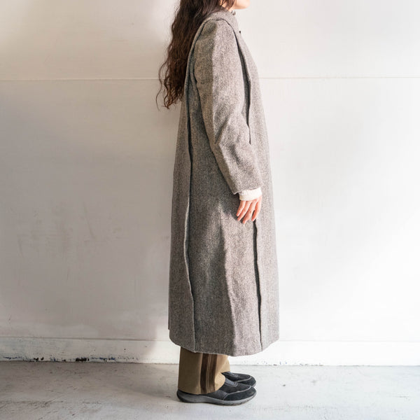 1980-90s US light gray color herringbone pleats design long wool coat