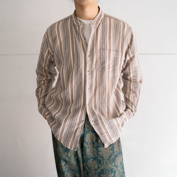 1990-00s beige color multi stripe stand collar shirt