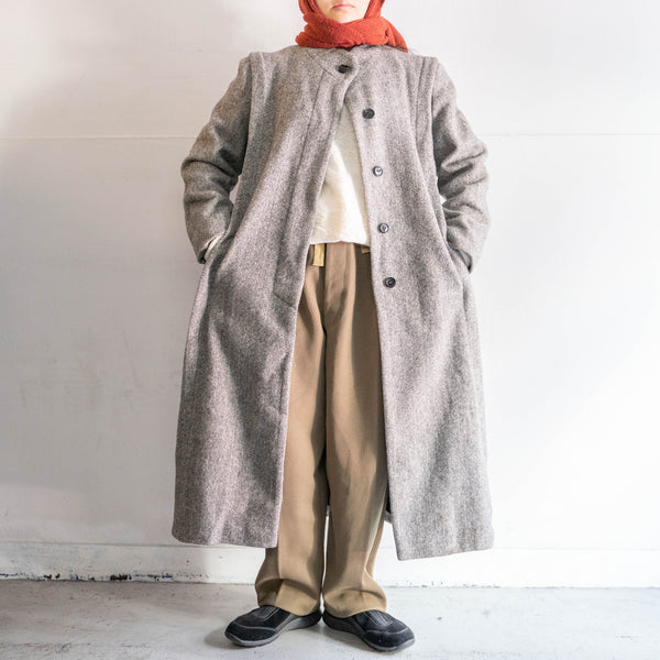 1980-90s US light gray color herringbone pleats design long wool coat