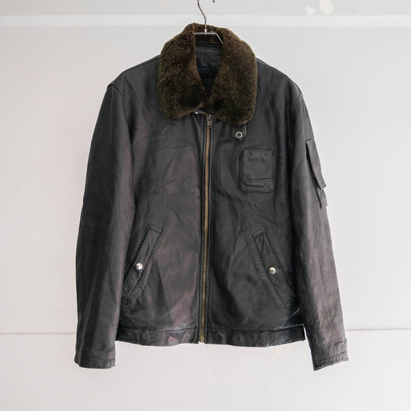 1970-90s French military pilot leather jacket -with boa collar & chin strap- -2