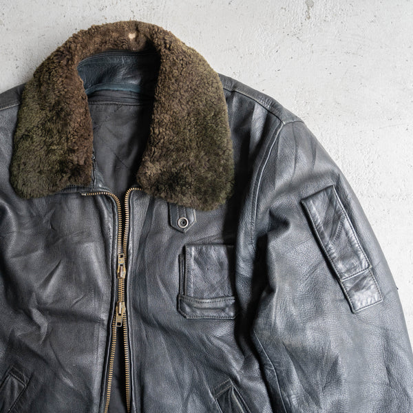 1970-90s French military pilot leather jacket -with boa collar & chin strap- -2