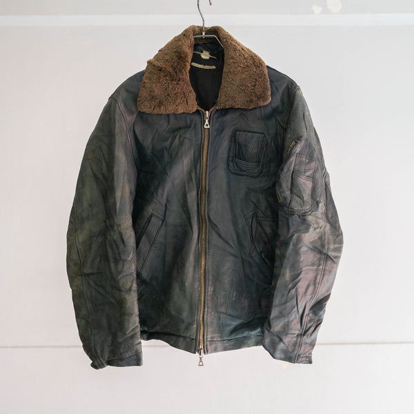 1970-90s French military pilot leather jacket -with boa collar- -1