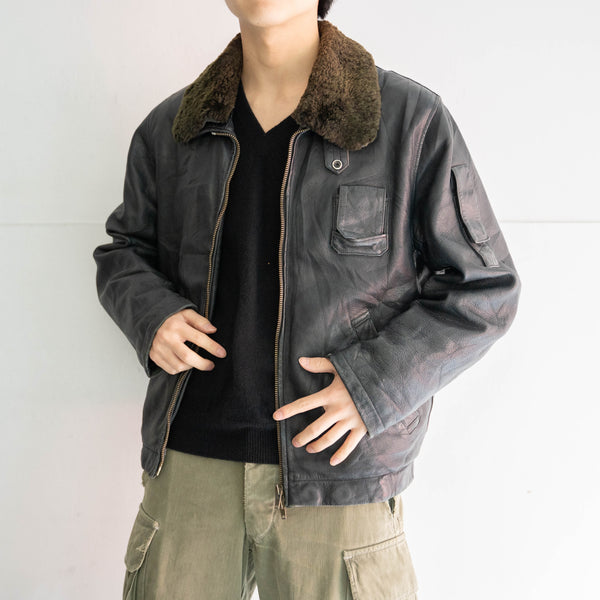 1970-90s French military pilot leather jacket -with boa collar & chin strap- -2