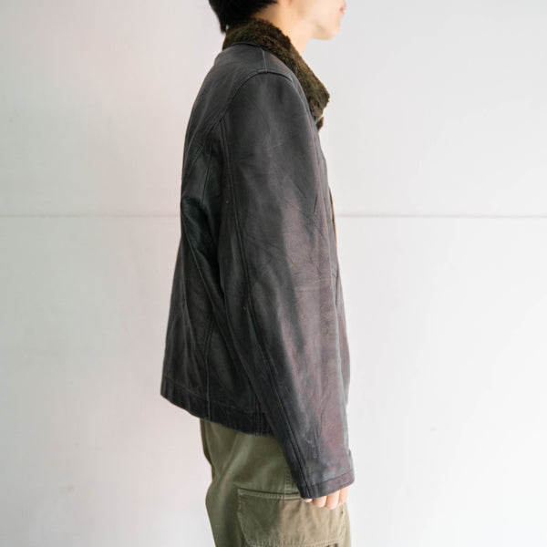 1970-90s French military pilot leather jacket -with boa collar & chin strap- -2