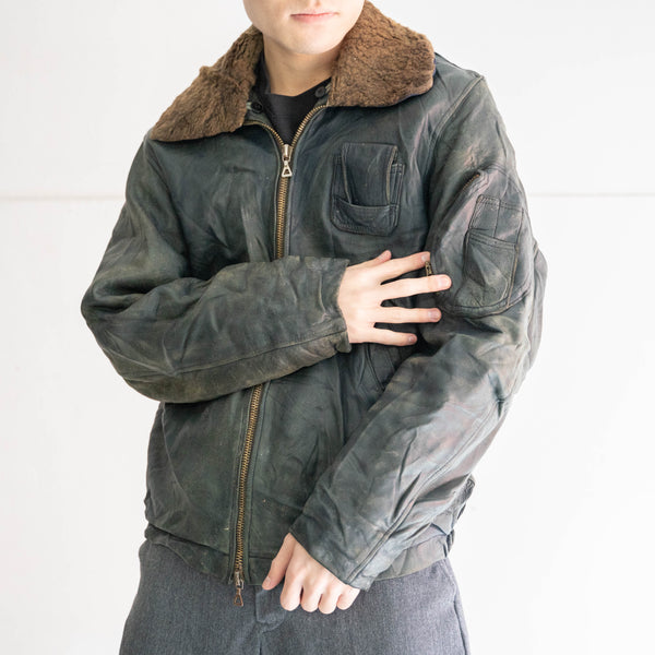 1970-90s French military pilot leather jacket -with boa collar- -1