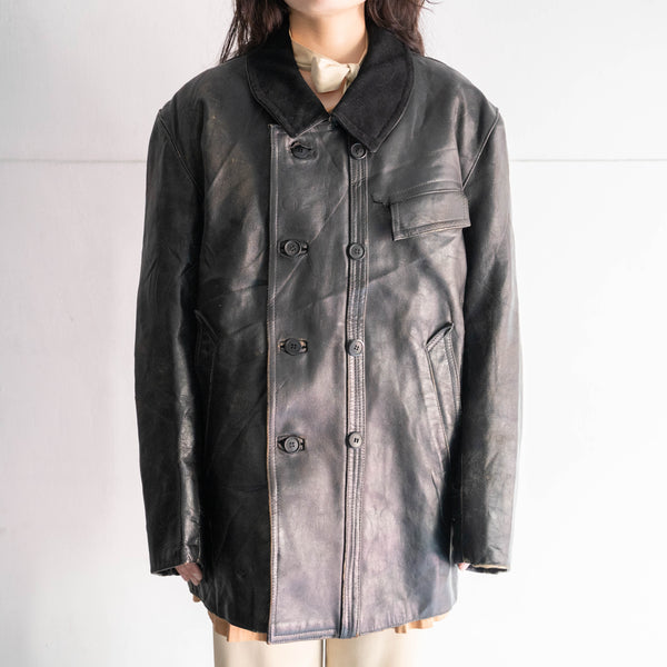 1950-60s France double breasted leather jacket 'corbusier jacket' -with black wool collar-