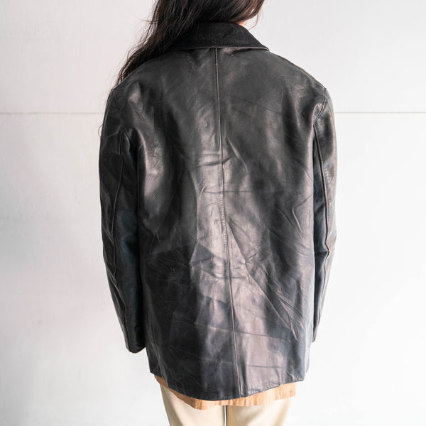 1950-60s France double breasted leather jacket 'corbusier jacket' -with black wool collar-