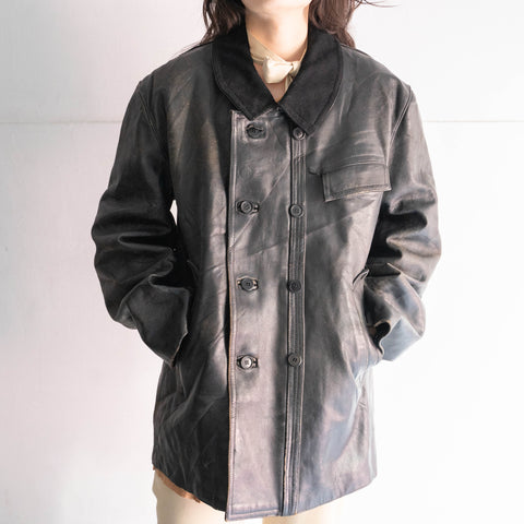 1950-60s France double breasted leather jacket 'corbusier jacket' -with black wool collar-