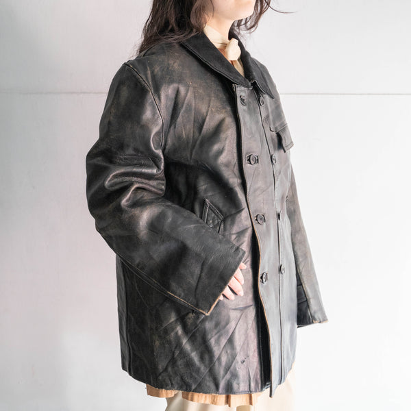 1950-60s France double breasted leather jacket 'corbusier jacket' -with black wool collar-