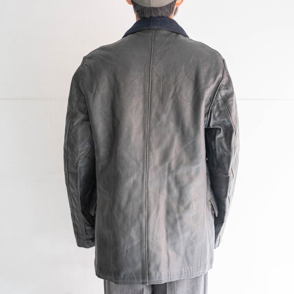 1950-60s France double breasted leather jacket 'corbusier jacket' -with navy wool collar-