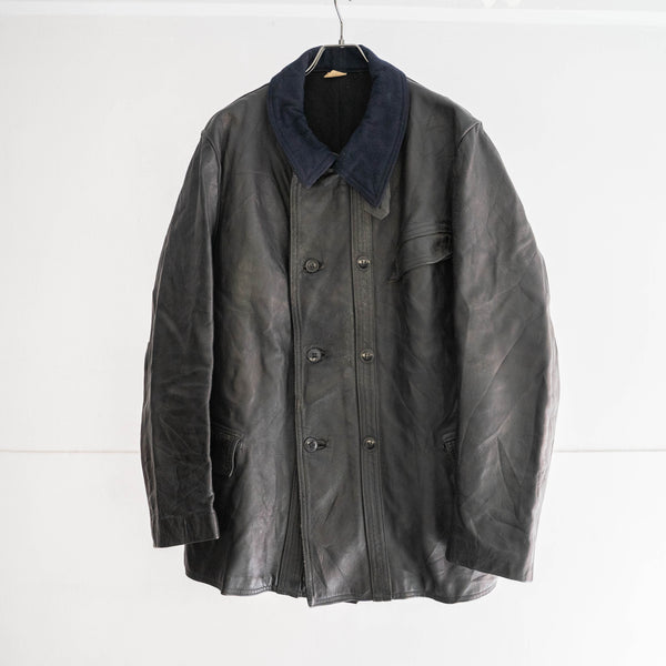 1950-60s France double breasted leather jacket 'corbusier jacket' -with navy wool collar-