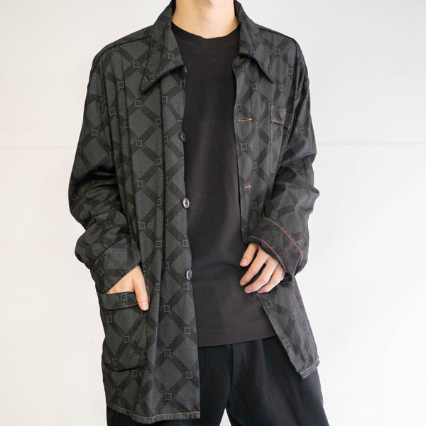 1990s Europe allover pattern pajama shirt -black dyed-