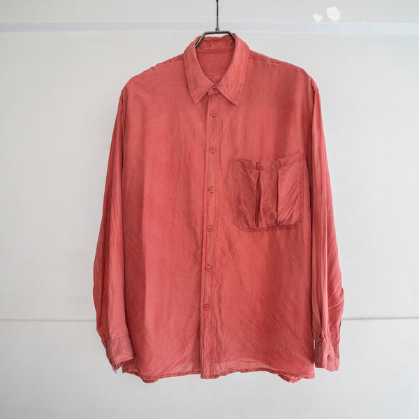 1990s orange pink silk 100 shirt -with strange pocket-
