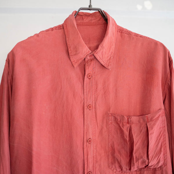 1990s orange pink silk 100 shirt -with strange pocket-
