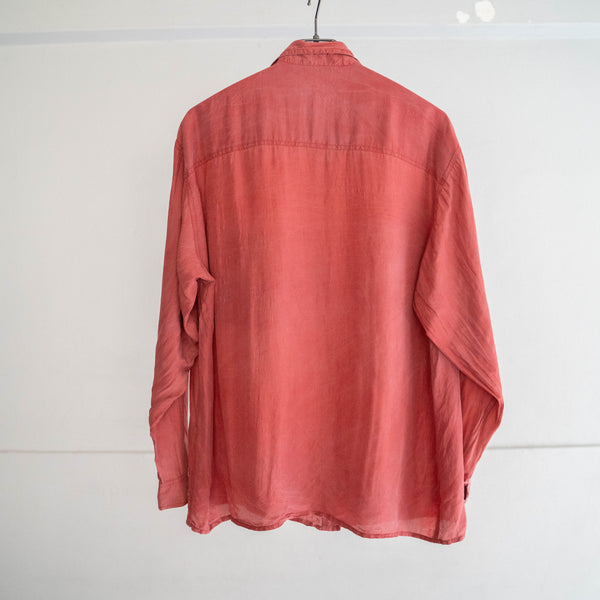 1990s orange pink silk 100 shirt -with strange pocket-
