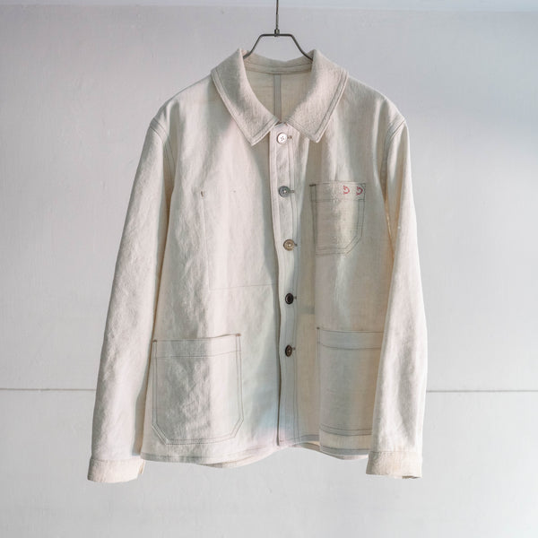 "ANTIQUE REMAKE" ~1920s French linen fabric work jacket 'shell button'