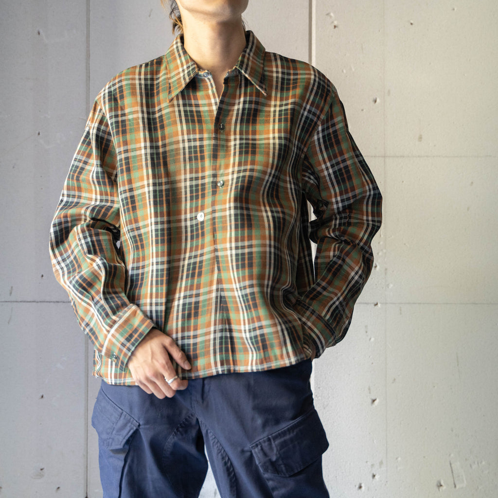 1960-70s France green × brown color grandpa shirt 'dead stock