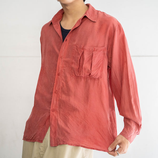 1990s orange pink silk 100 shirt -with strange pocket-