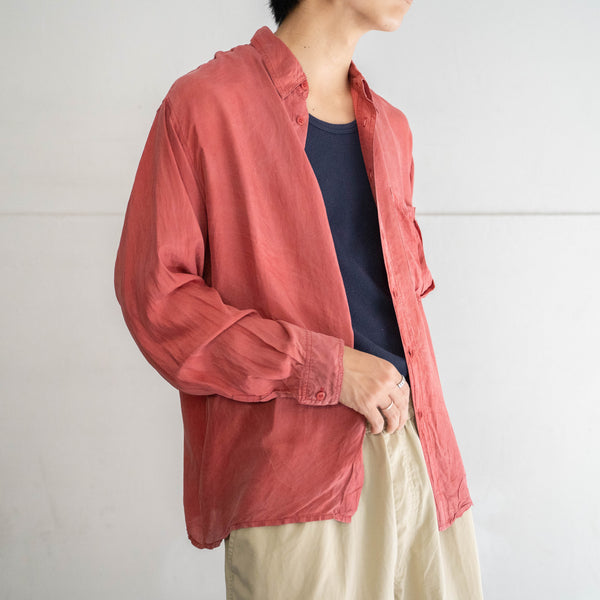 1990s orange pink silk 100 shirt -with strange pocket-