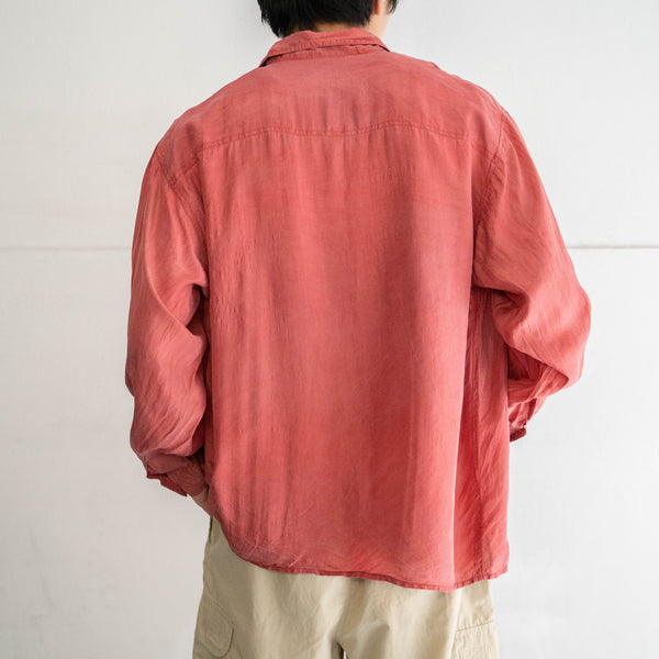 1990s orange pink silk 100 shirt -with strange pocket-