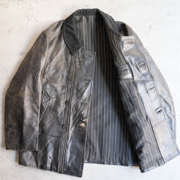 1950-60s France double breasted leather jacket 'corbusier jacket' -with black wool collar-