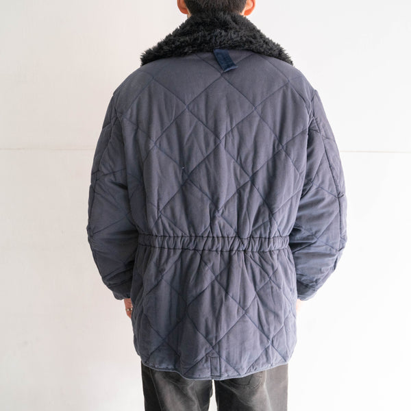 around1980s Europe military boa collar navy quilting jacket -double zip remake-