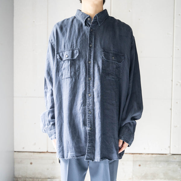 1990-00s dark navy color 2pocket linen shirt