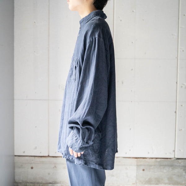 1990-00s dark navy color 2pocket linen shirt