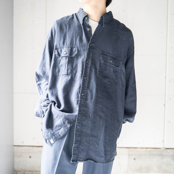 1990-00s dark navy color 2pocket linen shirt