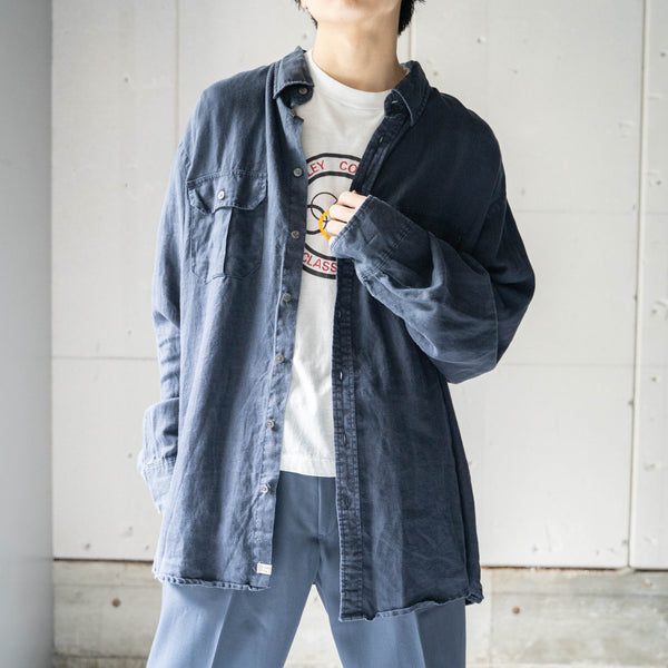 1990-00s dark navy color 2pocket linen shirt