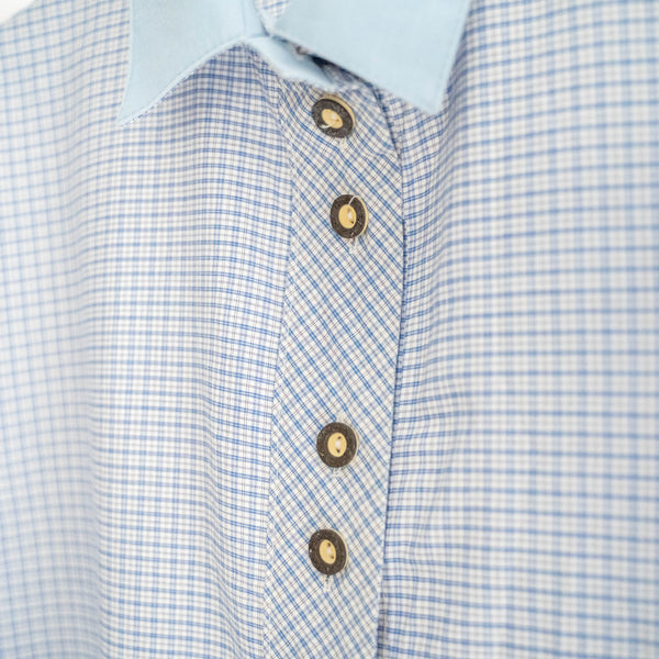 1990s blue checked tyrolean short sleeve shirt 'light blue collar' -remake-