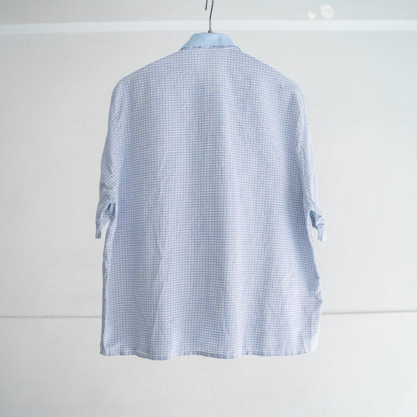 1990s blue checked tyrolean short sleeve shirt 'light blue collar' -remake-