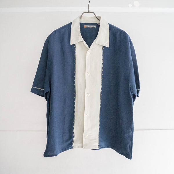 1990s rayon × linen two tone short sleeve shirt -remake-