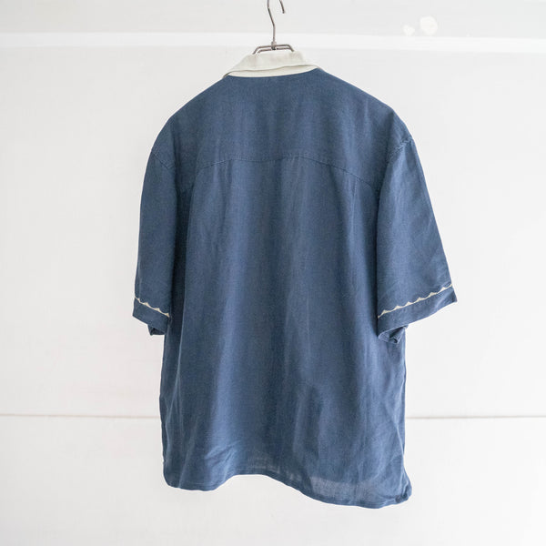 1990s rayon × linen two tone short sleeve shirt -remake-