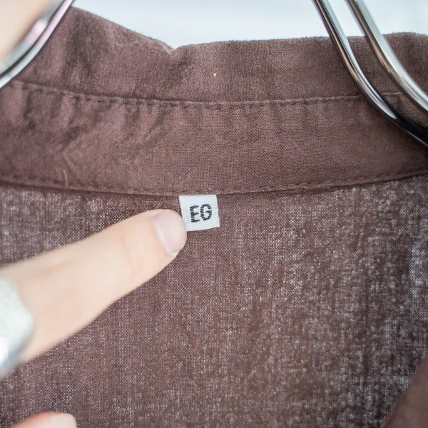 1990s brown color ethnic design short sleeve shirt -super short length remake-