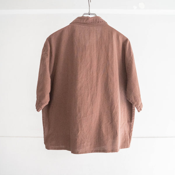 1990s brown color ethnic design short sleeve shirt -super short length remake-