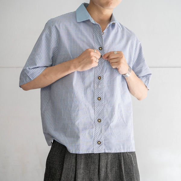 1990s blue checked tyrolean short sleeve shirt 'light blue collar' -remake-