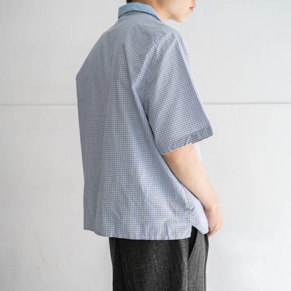 1990s blue checked tyrolean short sleeve shirt 'light blue collar' -remake-