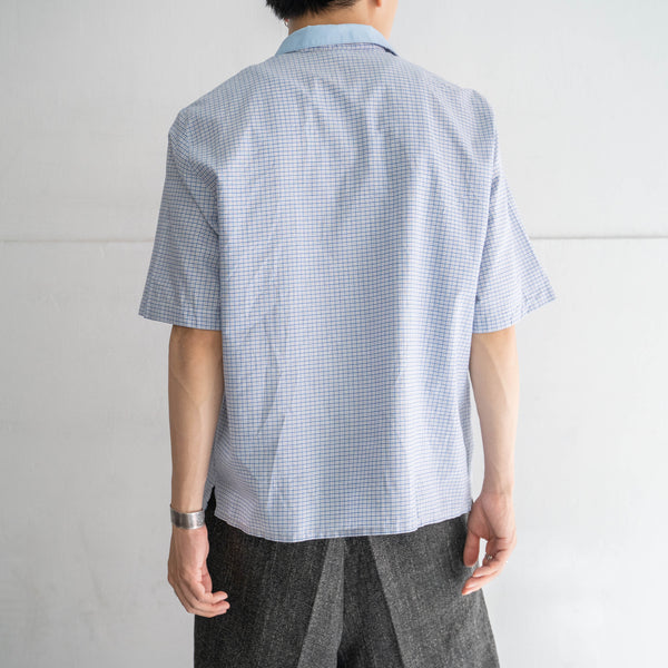 1990s blue checked tyrolean short sleeve shirt 'light blue collar' -remake-
