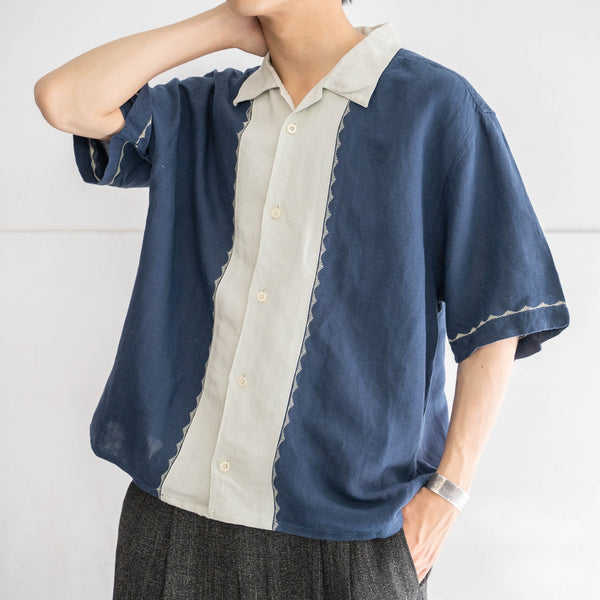 1990s rayon × linen two tone short sleeve shirt -remake-
