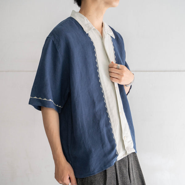 1990s rayon × linen two tone short sleeve shirt -remake-