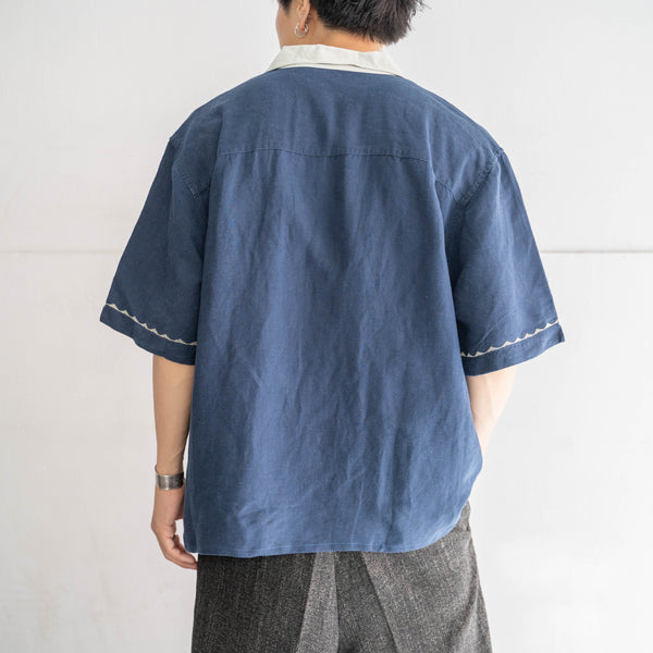 1990s rayon × linen two tone short sleeve shirt -remake-