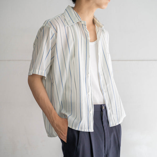 1970-80s white × blue striped short sleeve shirt -remake-