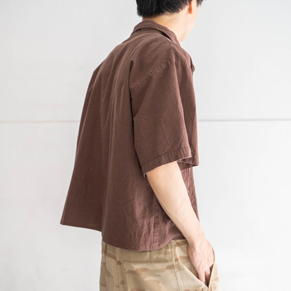 1990s brown color ethnic design short sleeve shirt -super short length remake-