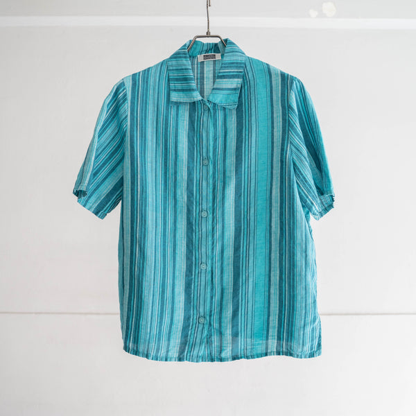 2000s turquoise multi stripe linen 100 shirt