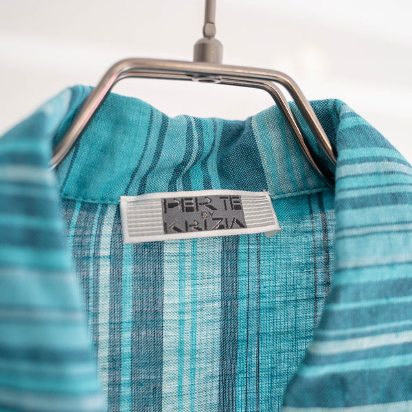 2000s turquoise multi stripe linen 100 shirt