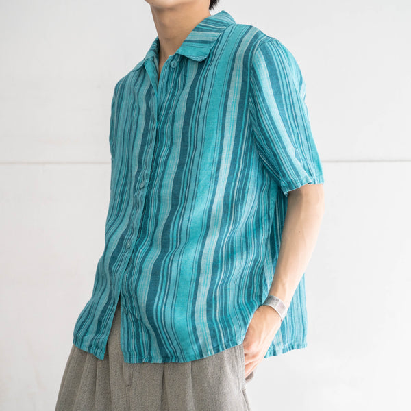 2000s turquoise multi stripe linen 100 shirt